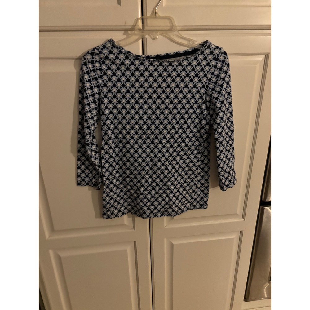 Talbots Tee Womens XS Navy Blue White Floral Damask Boat Neck 3/4 Sleeve Top